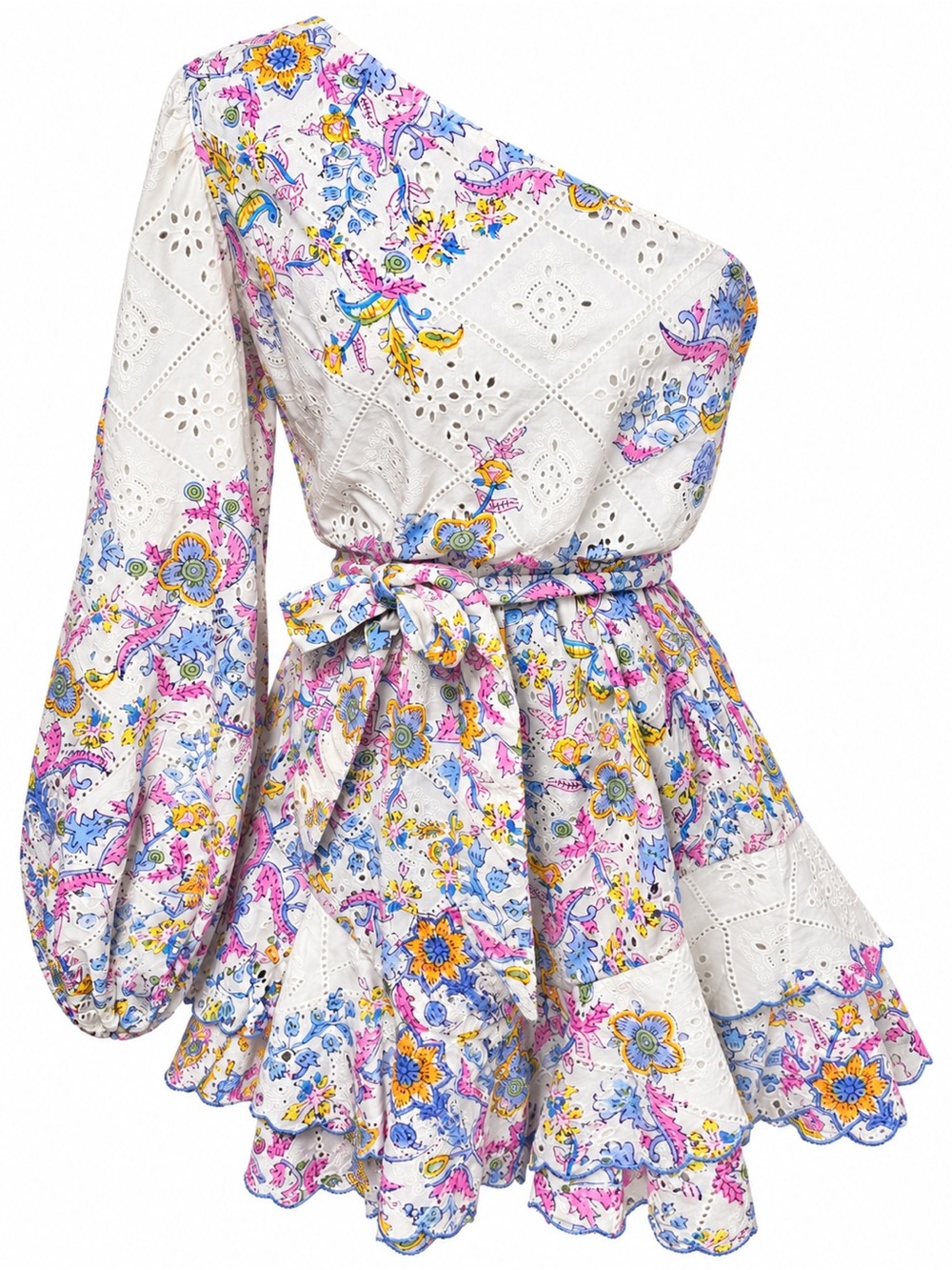 Hemant & Nandita Floral Eyelet One Shoulder Mini Dress M Boho Resort Cottagecore